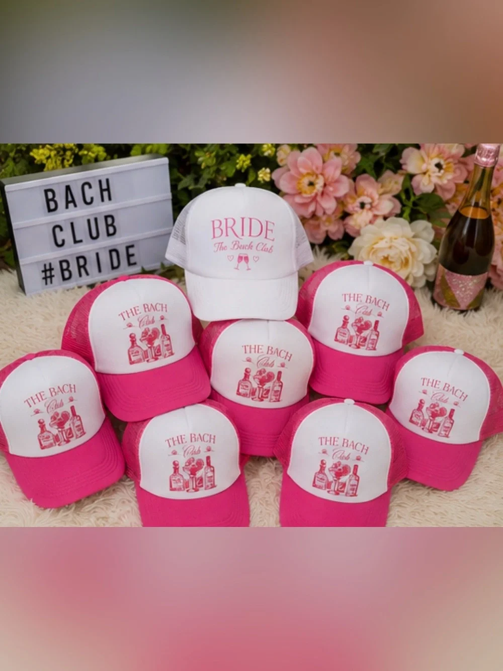 NEW The Bach Club Bachelorette Party Hat Set 8pc Pink White Bride Bridal